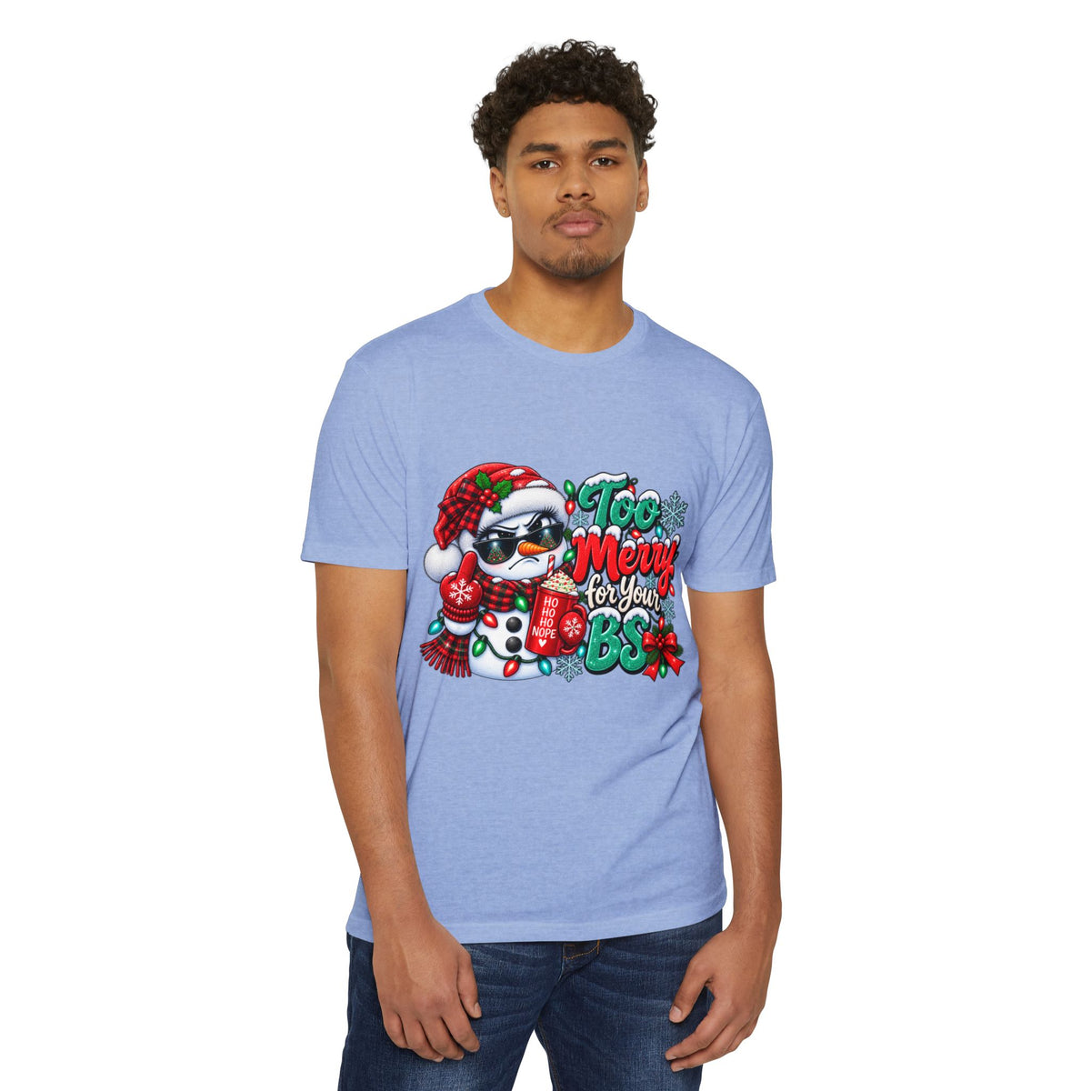Christmas Penguin T‑Shirt — "Too Merry for Your BS" Funny Holiday Tee