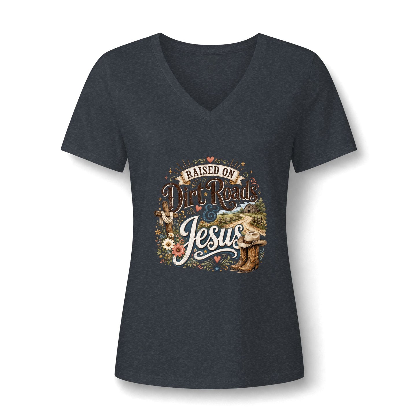 V-Neck Tee — "Raised on Dirt Roads & Jesus" Graphic Women’s Shirt