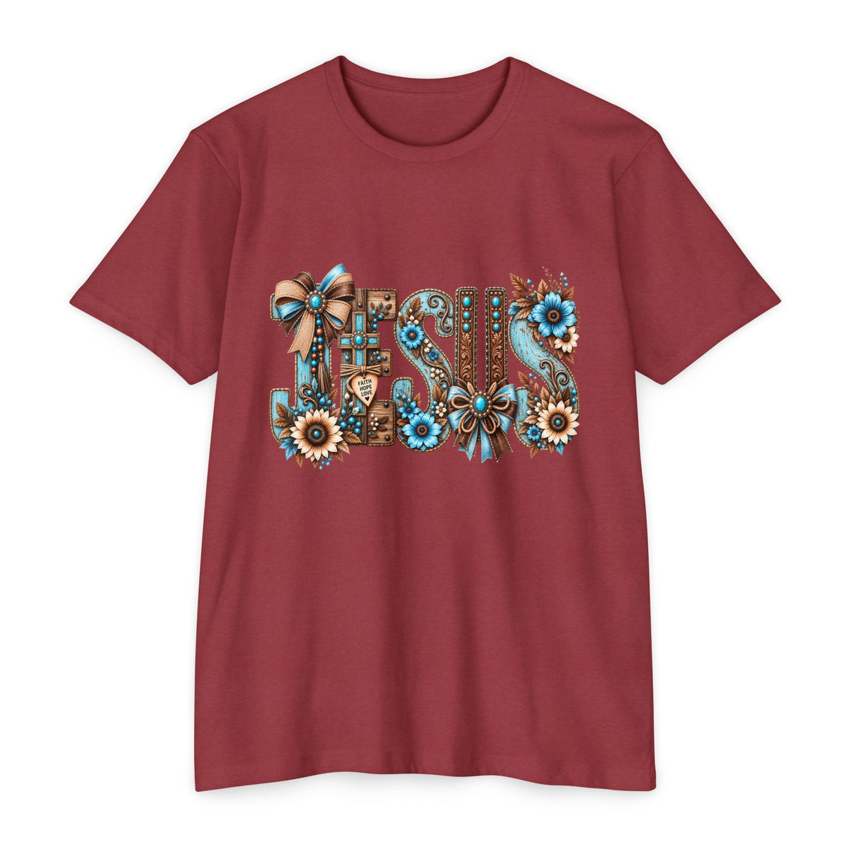 Jesus Floral Typography T-Shirt — Rustic Blue & Brown Christian Tee