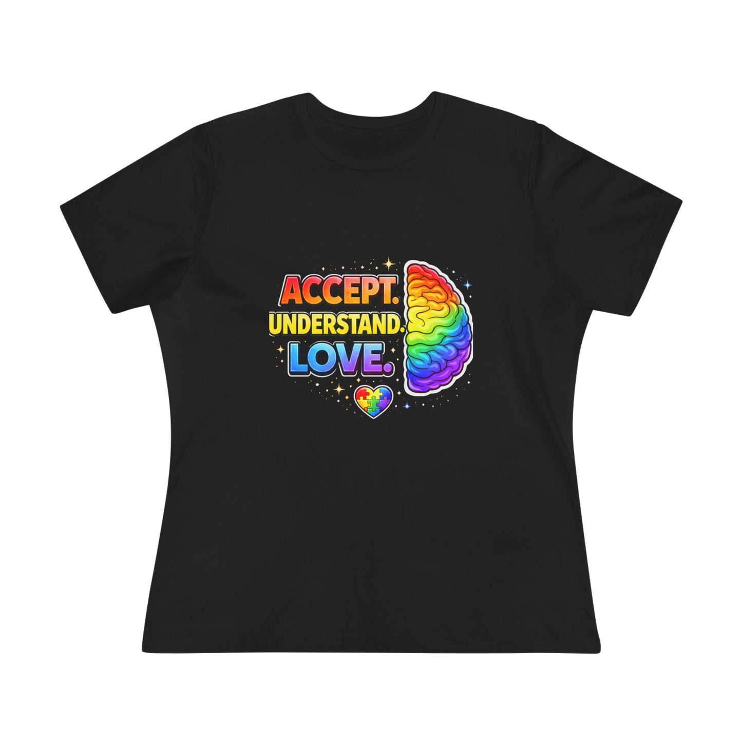 Accept Understand Love Rainbow Brain Women's Tee — LGBTQ+ Pride Mental Health Awareness Shirt