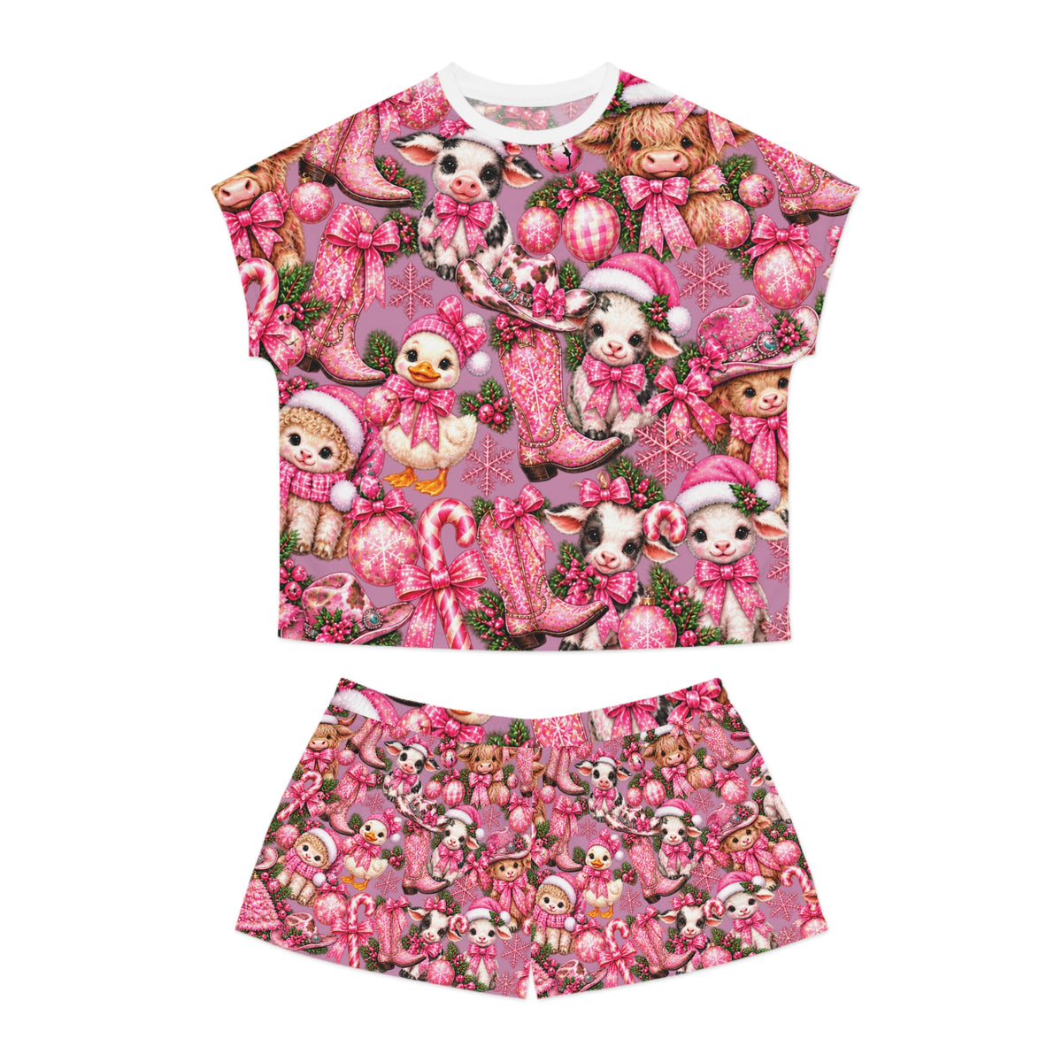 Women's Pink Cute Farm Animals Pajama Set - Short Lounge Sleepwear (All-Over Print)