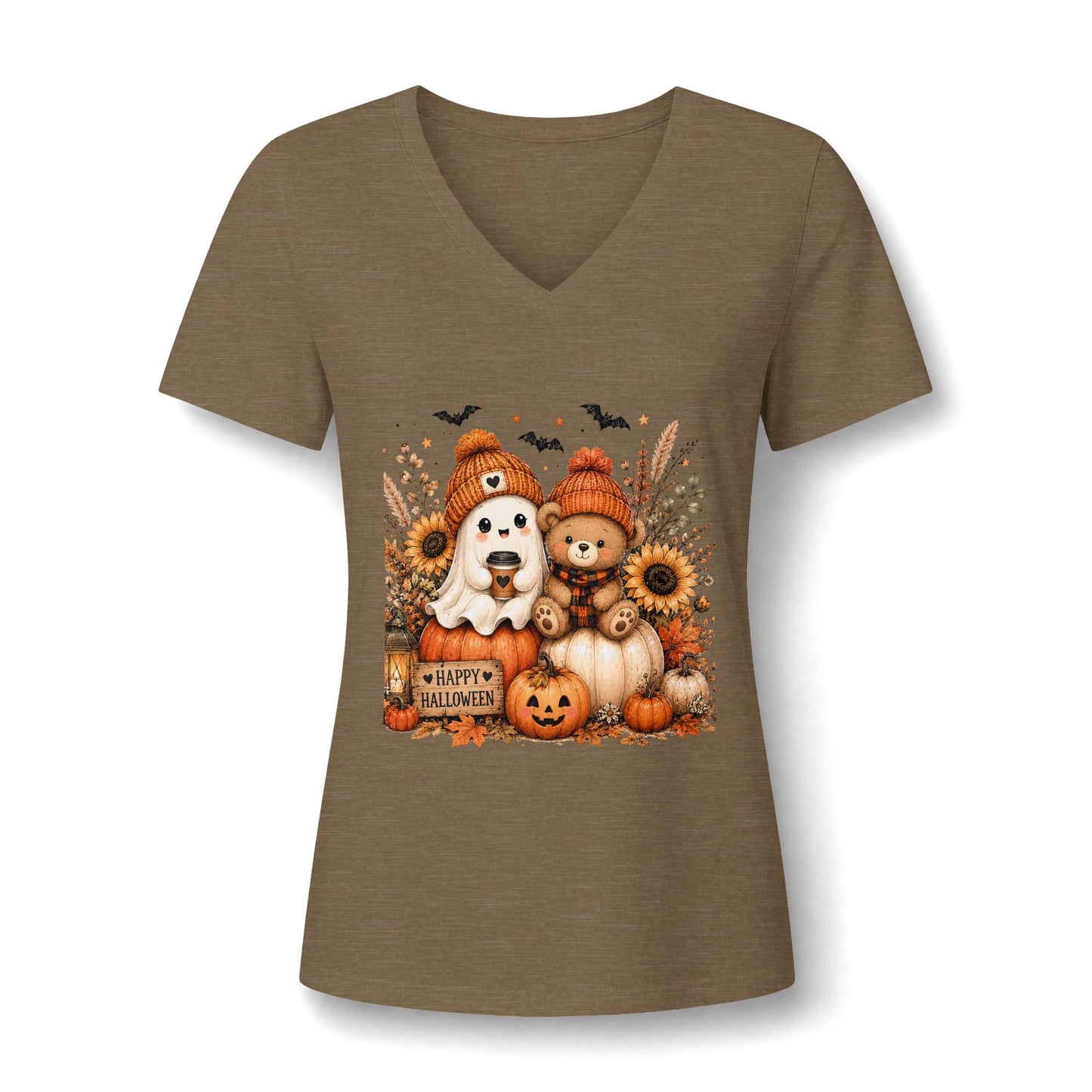 Halloween Puppy & Teddy Pumpkin V-Neck Tee