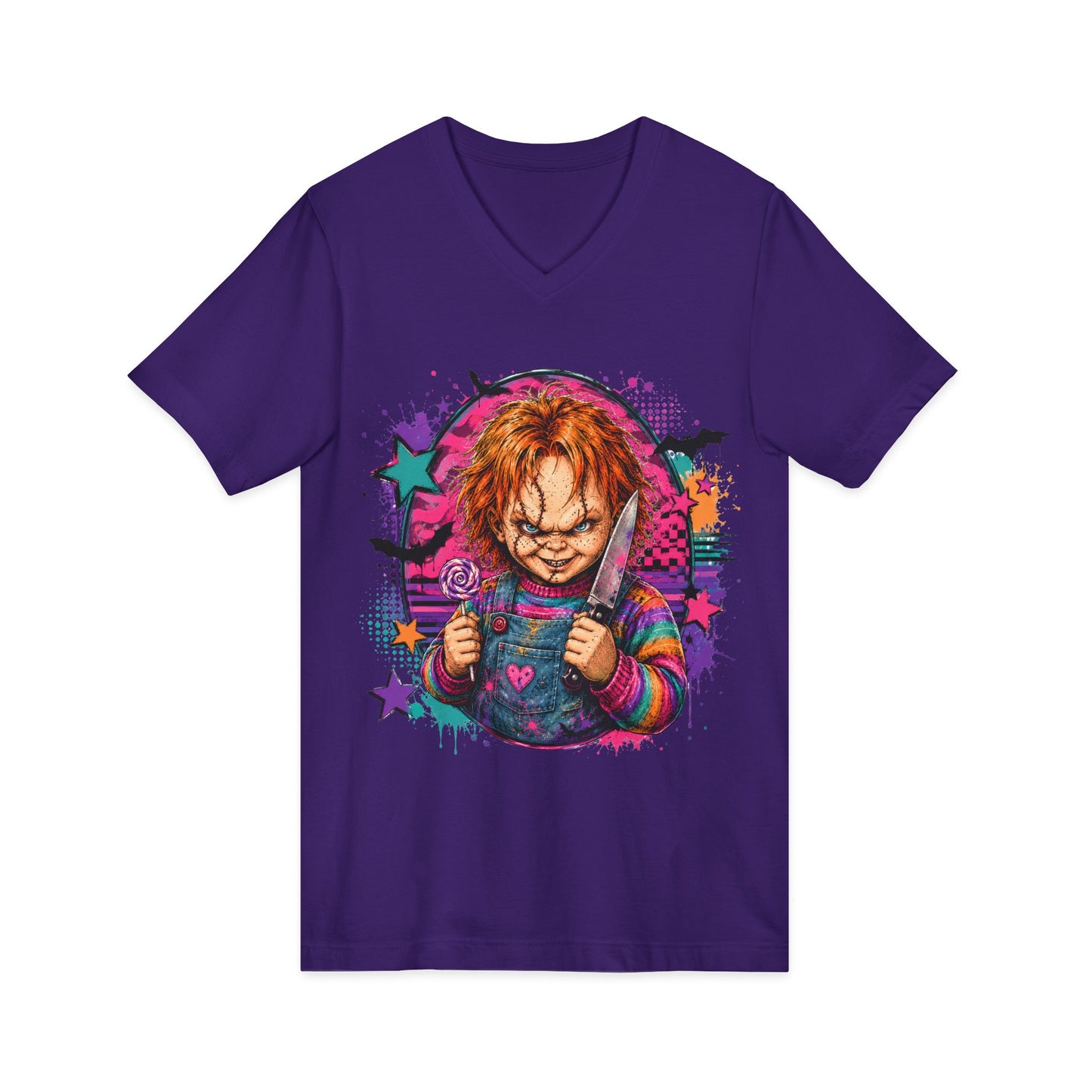 Horror Doll V-Neck Tee — Colorful Creepy Chucky Graphic Shirt