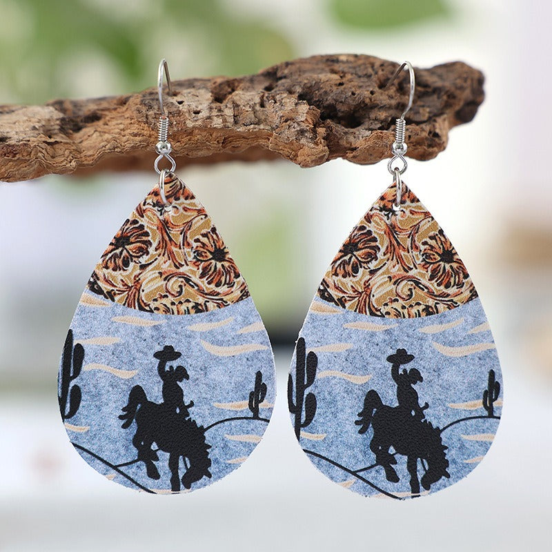 European and American Retro Independent Station Western Style Horse Riding Denim Color Matching Double Sided Leather Earrings