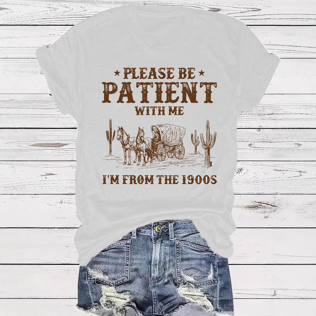 Western denim pattern round neck short sleeved shirt