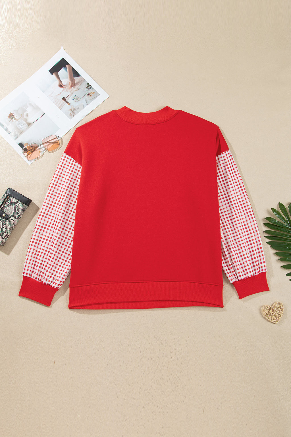 Russet Orange Patchwork Plaid Loose Fit Long Sleeve Plus Size Sweatshirt