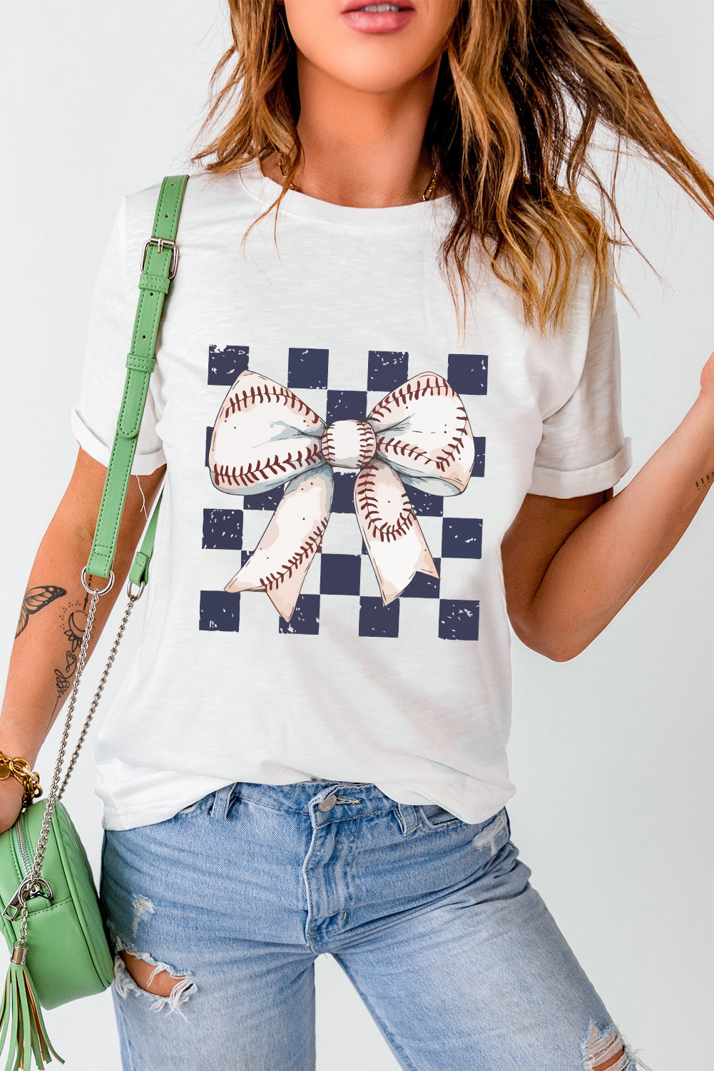 White Checkered Rugby Bowknot Graphic Crew T Shirt