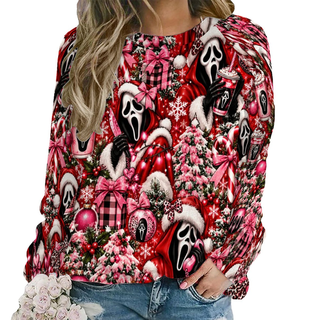 Raglan Crewneck Sweatshirts Women Festive Ghostface Christmas Pattern