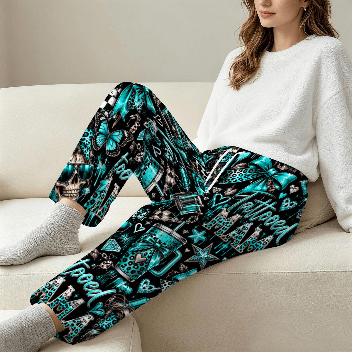 Women's Plush Fleece Pajama Pants teal tatted mama
