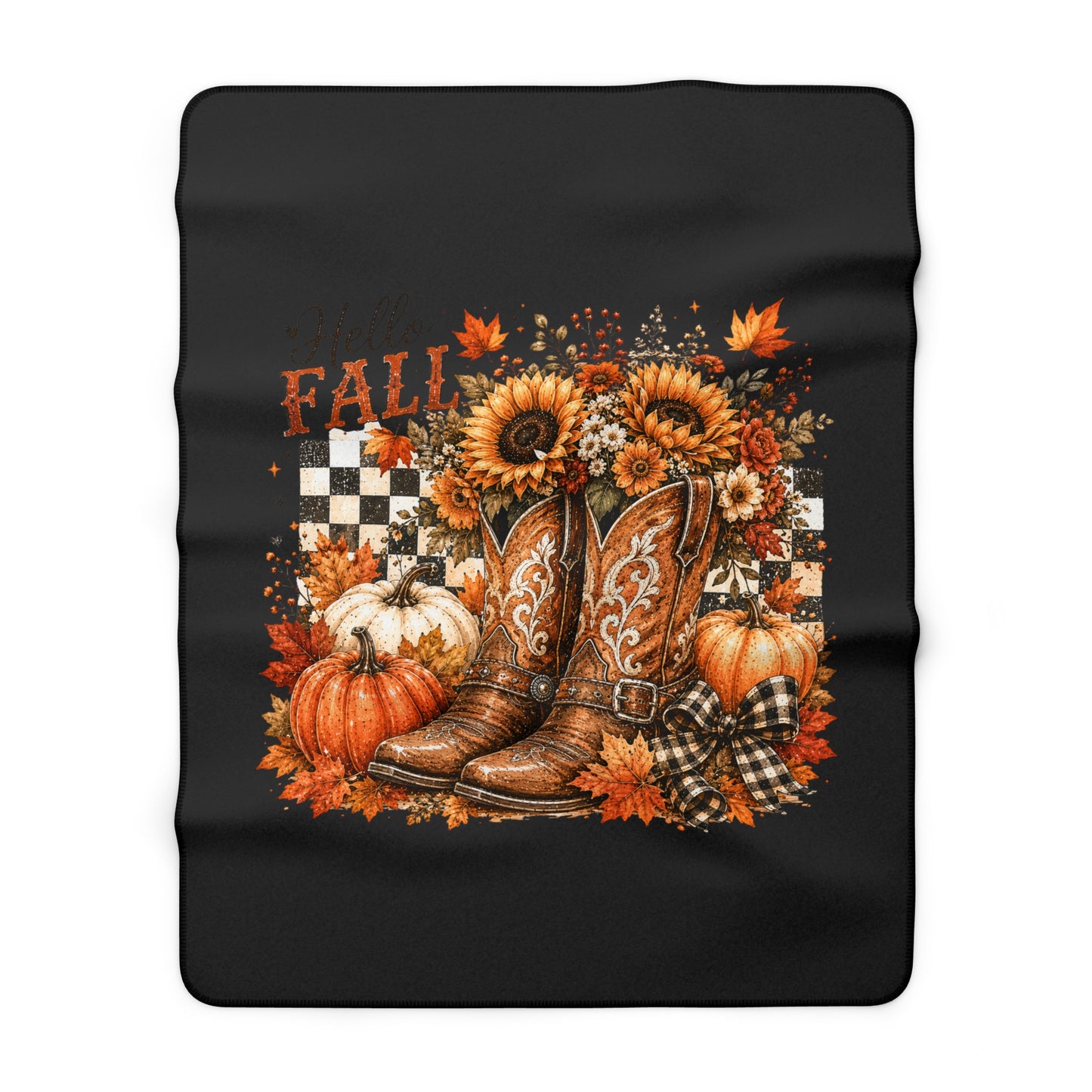 Fall Cowboy Boots Sherpa Blanket — Sunflowers, Pumpkins & Plaid Autumn Decor