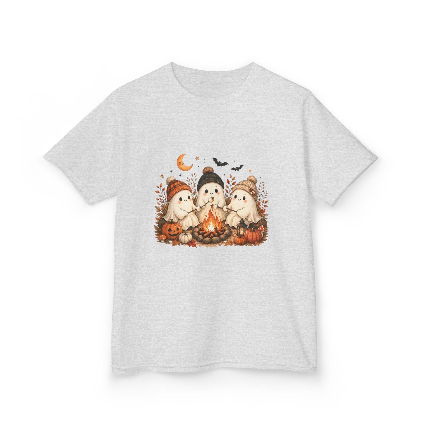 Kids Tee — Cute Halloween Ghosts Campfire Design (Pumpkins, Moon & Bats)
