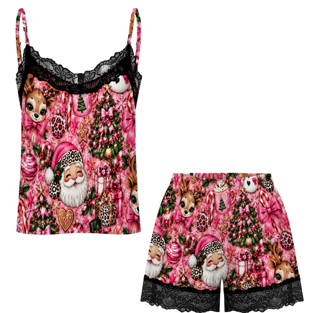 Women Cami Lace Pajama Set Glamorous Pink Christmas Wonderland