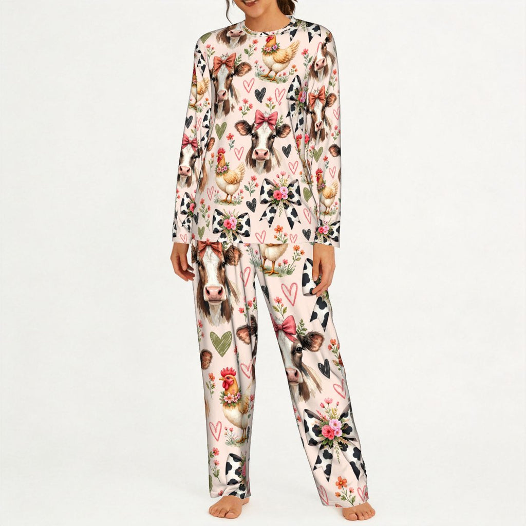 Women's Long Sleeve Pajama Set Whimsical Watercolor Farm Animal Pattern