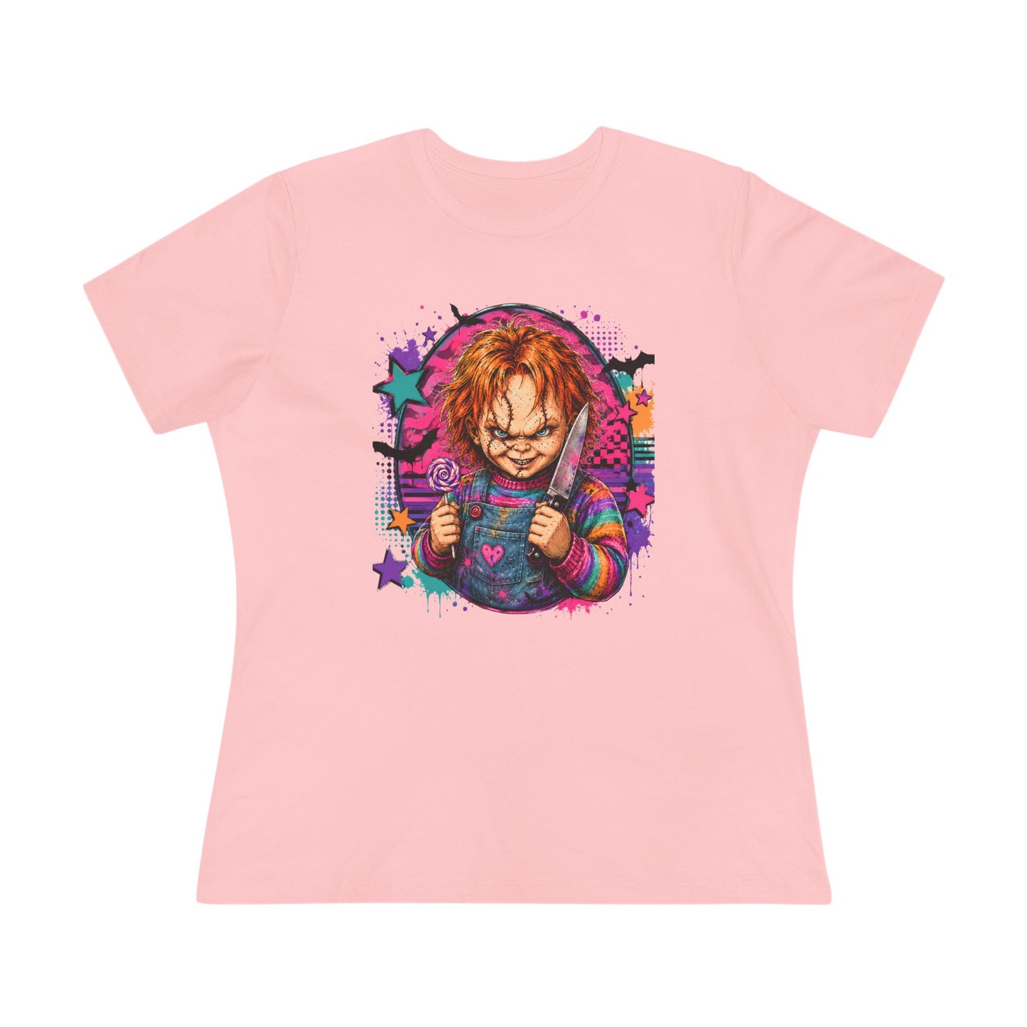 Chucky Horror Graphic Tee — Retro Neon Killer Doll Shirt for Women