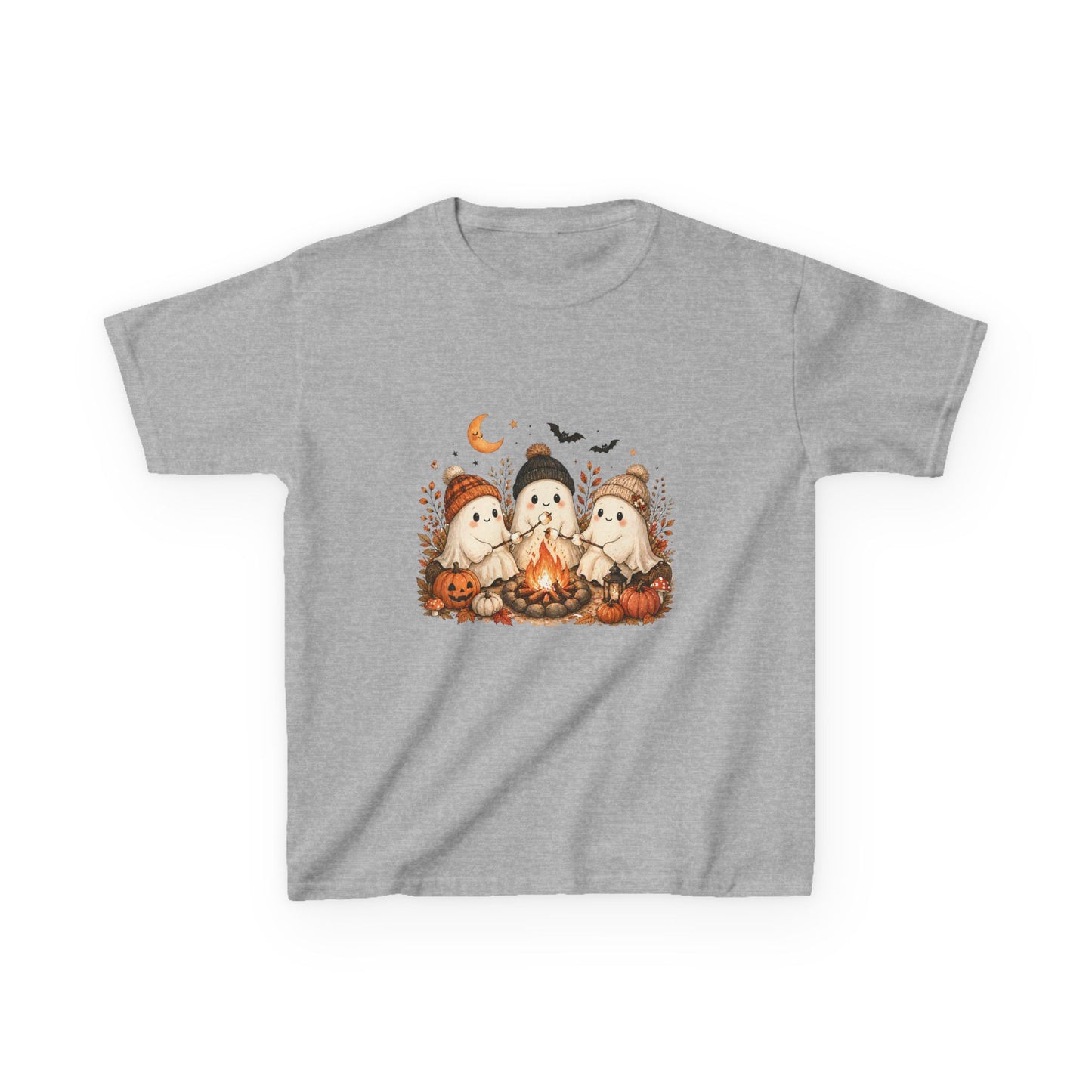 Kids Tee — Cute Halloween Ghosts Campfire Design (Pumpkins, Moon & Bats)