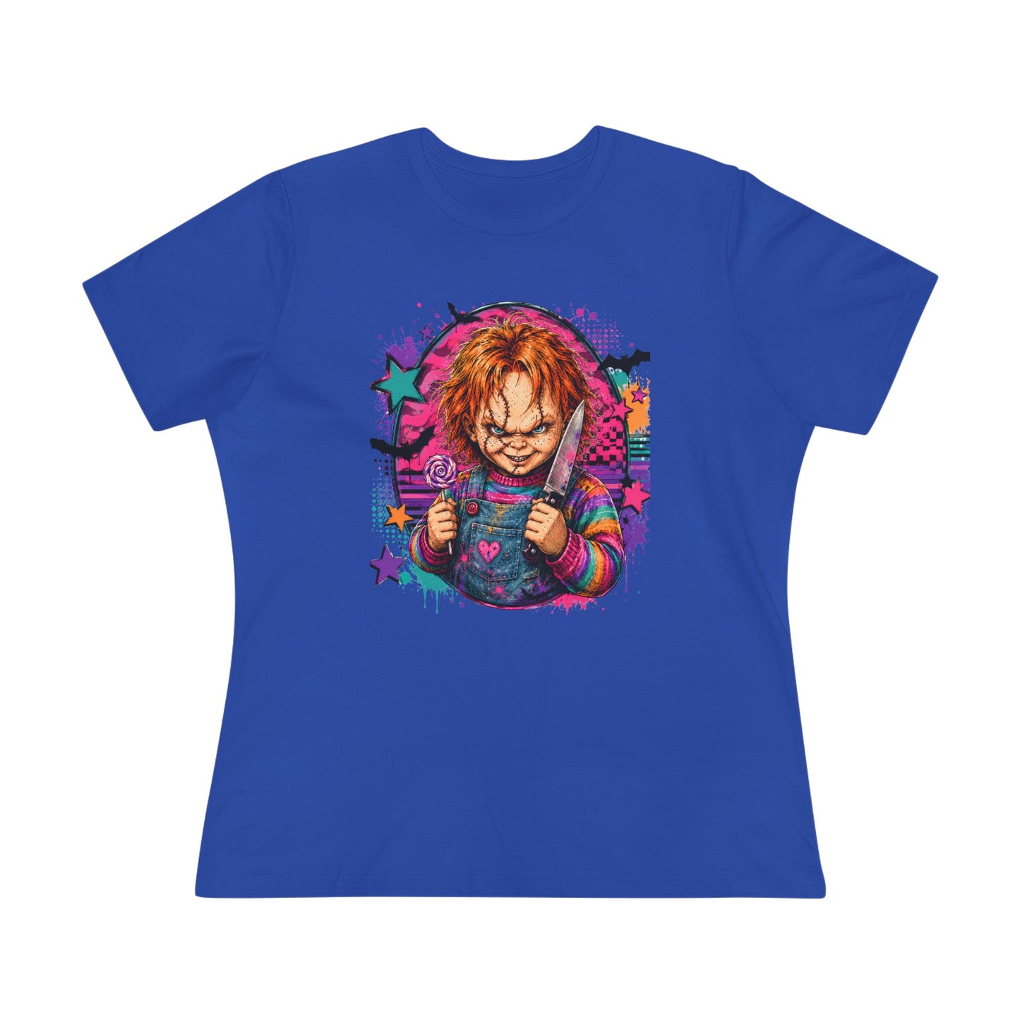 Chucky Horror Graphic Tee — Retro Neon Killer Doll Shirt for Women