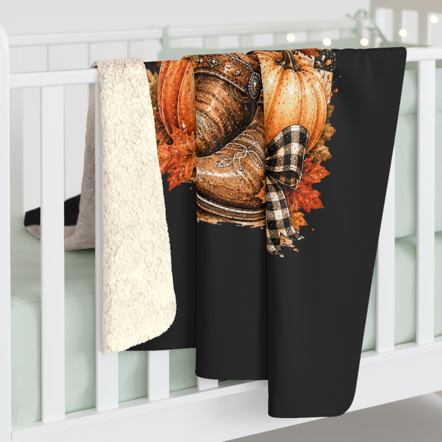 Fall Cowboy Boots Sherpa Blanket — Sunflowers, Pumpkins & Plaid Autumn Decor