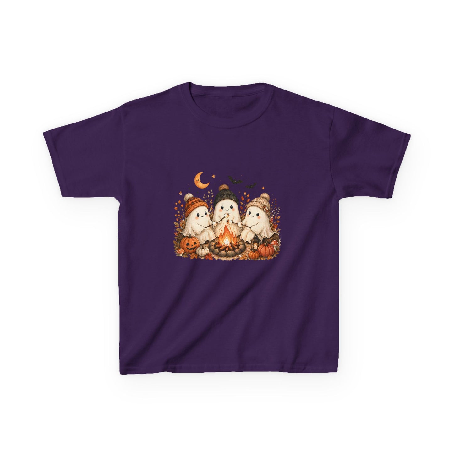 Kids Tee — Cute Halloween Ghosts Campfire Design (Pumpkins, Moon & Bats)