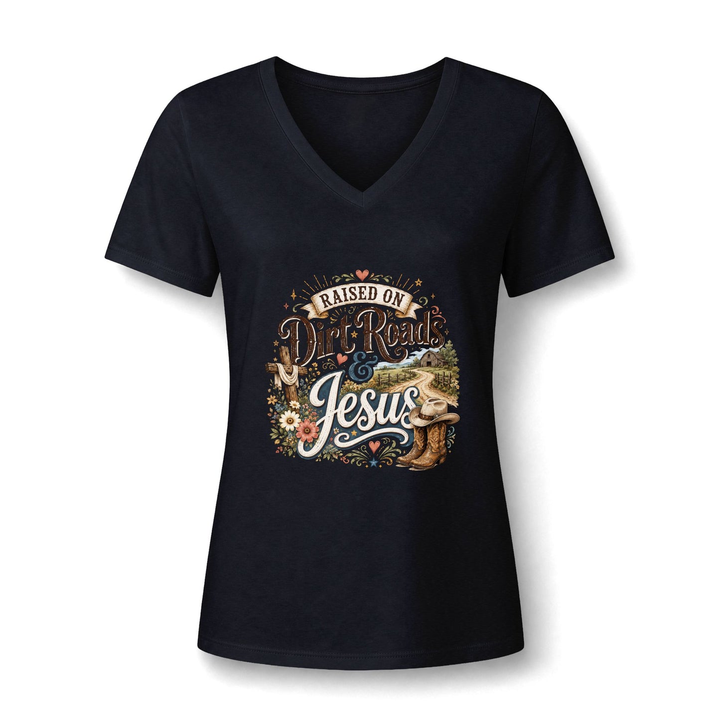 V-Neck Tee — "Raised on Dirt Roads & Jesus" Graphic Women’s Shirt