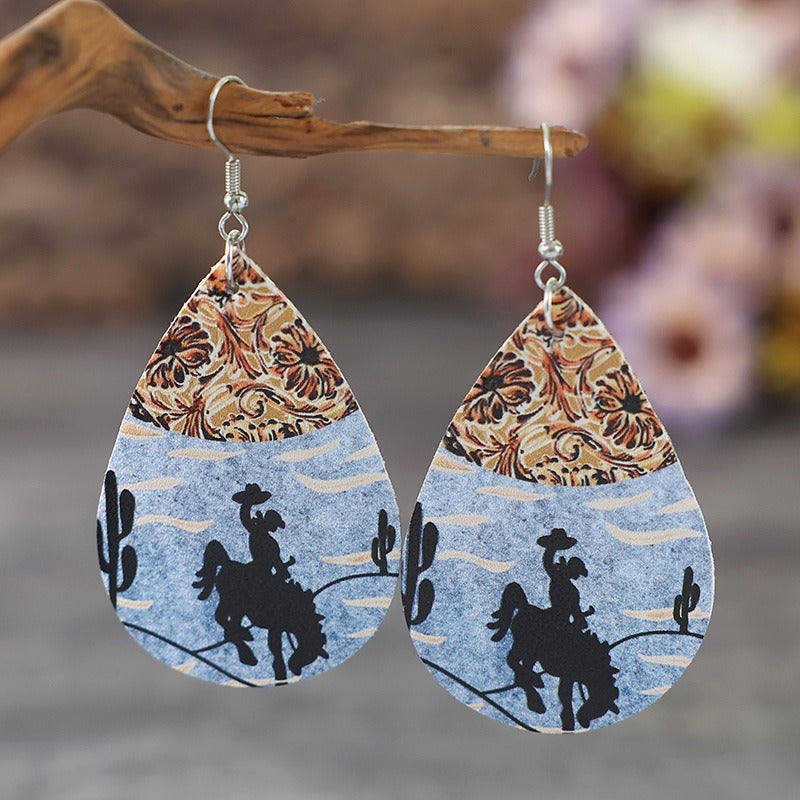 European and American Retro Independent Station Western Style Horse Riding Denim Color Matching Double Sided Leather Earrings