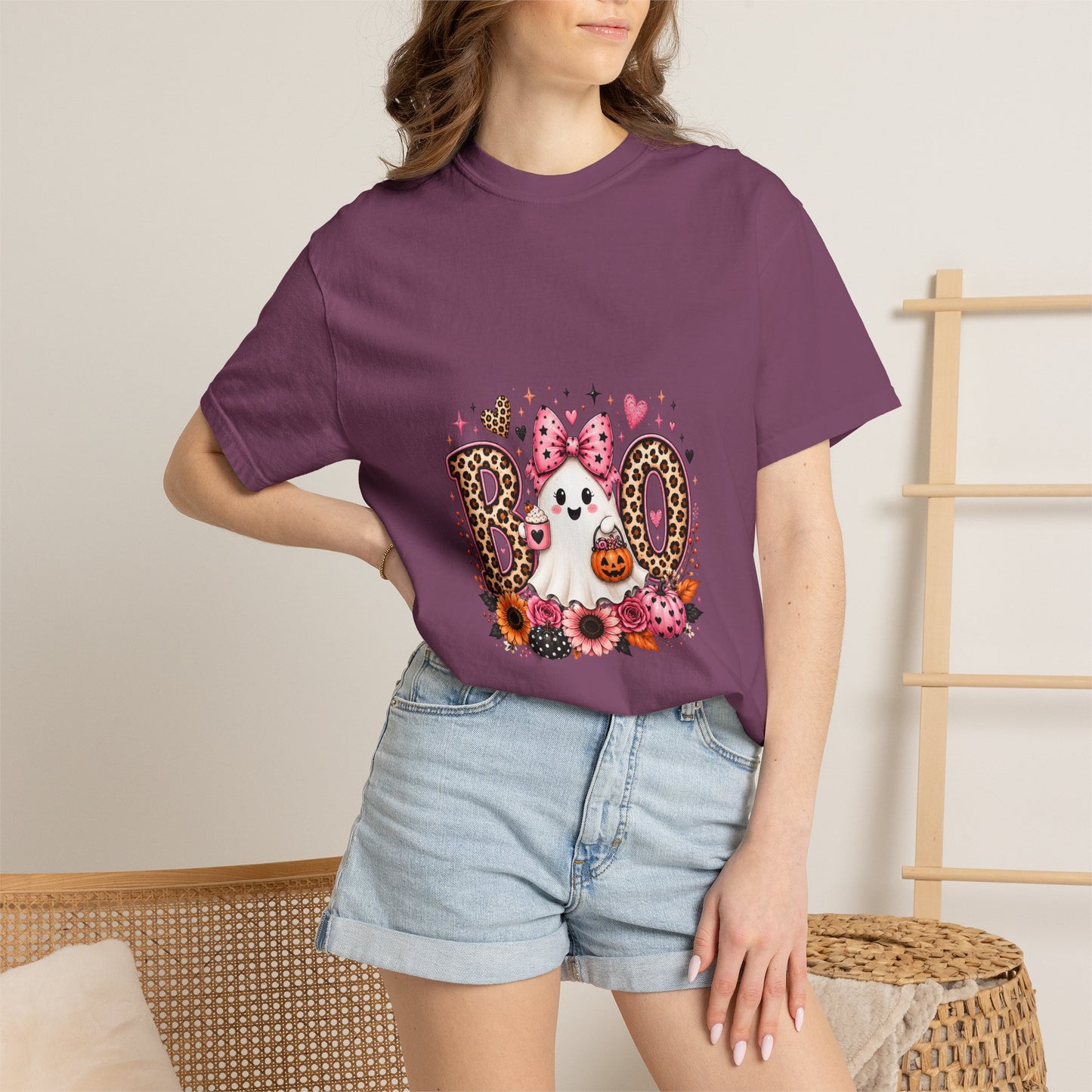 Boo Floral Ghost T-Shirt — Cute Pink Leopard Halloween Tee