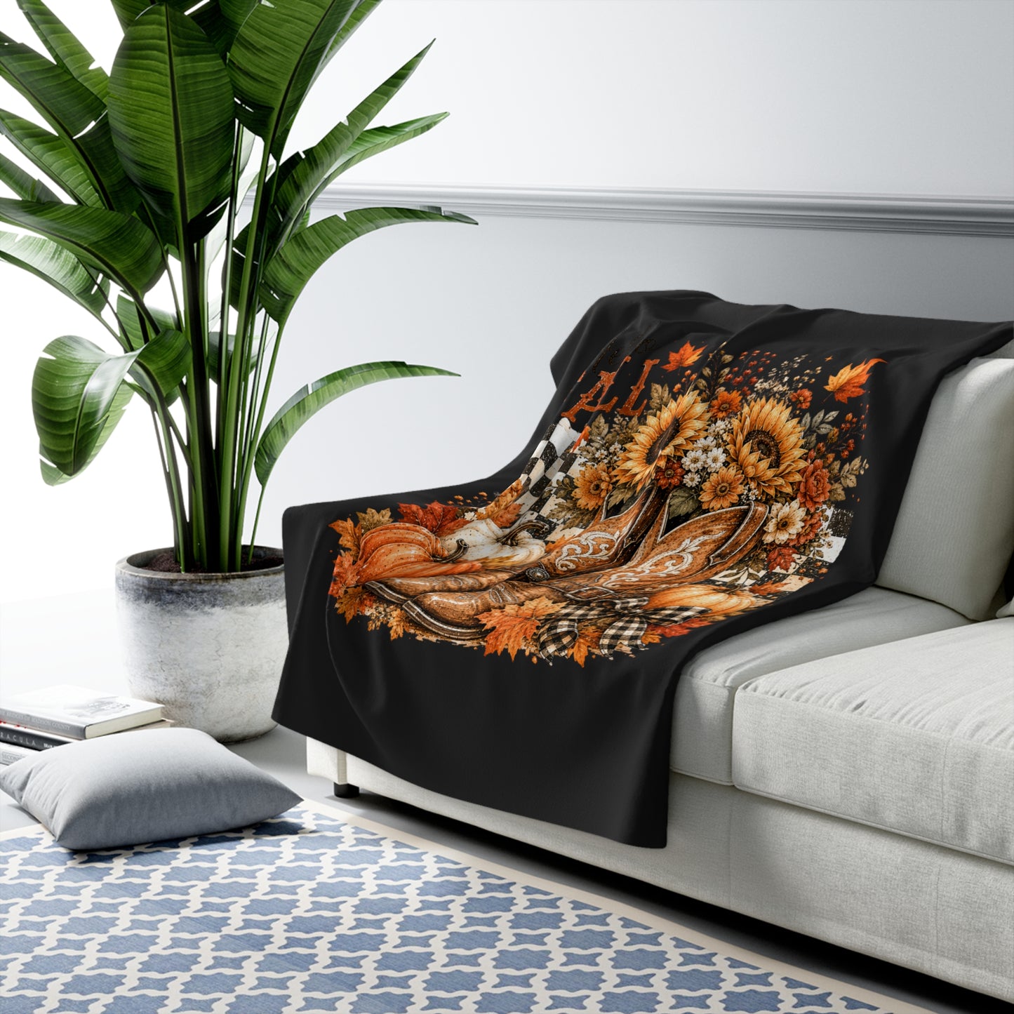 Fall Cowboy Boots Sherpa Blanket — Sunflowers, Pumpkins & Plaid Autumn Decor