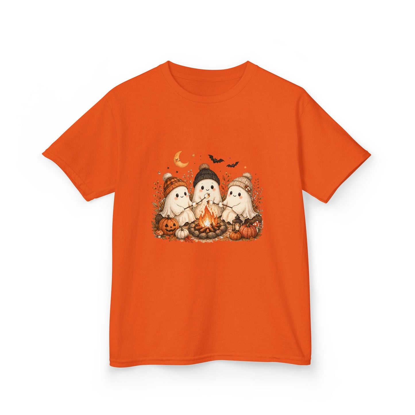 Kids Tee — Cute Halloween Ghosts Campfire Design (Pumpkins, Moon & Bats)