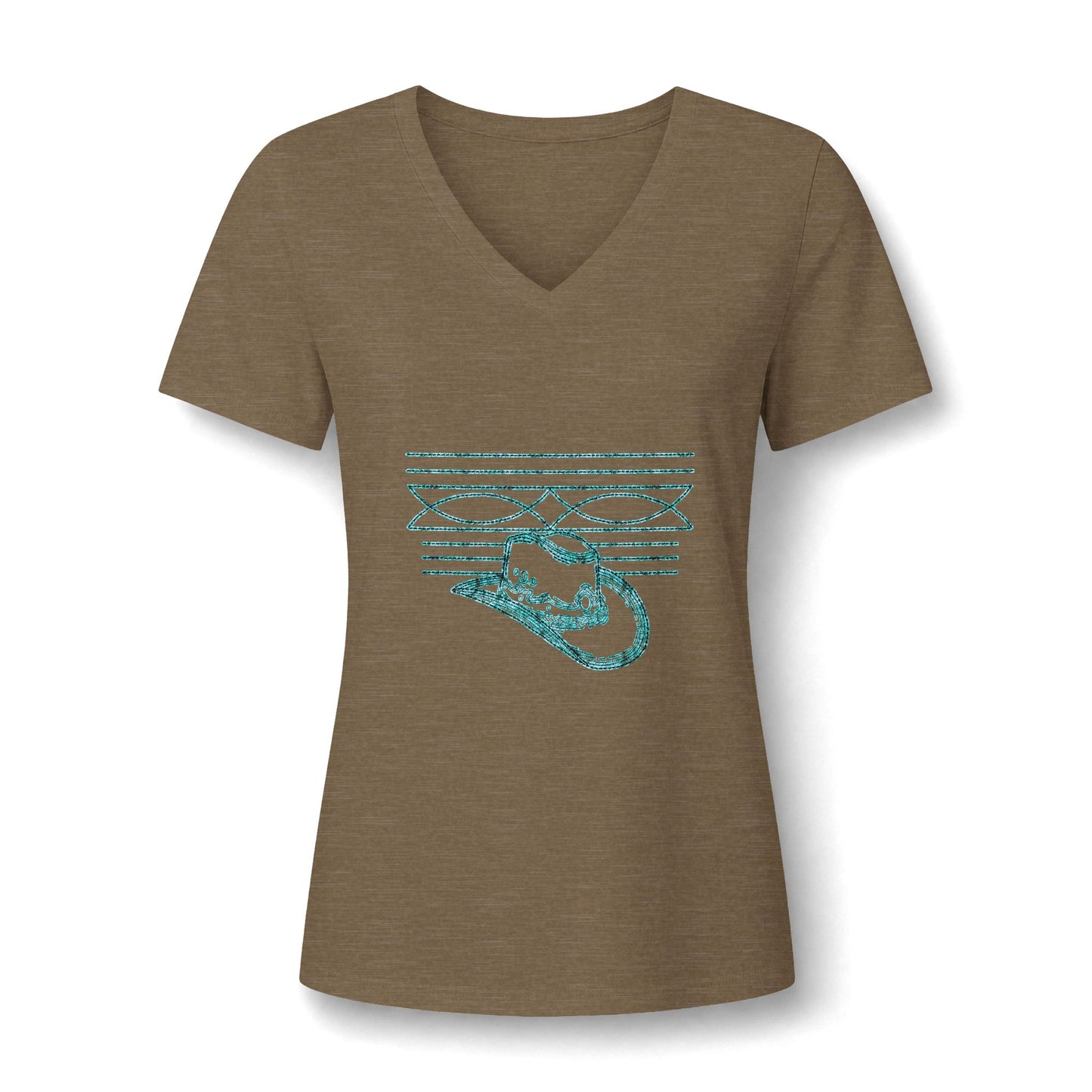 Women’s V‑Neck Tee — Teal Distressed Cowboy Hat Graphic