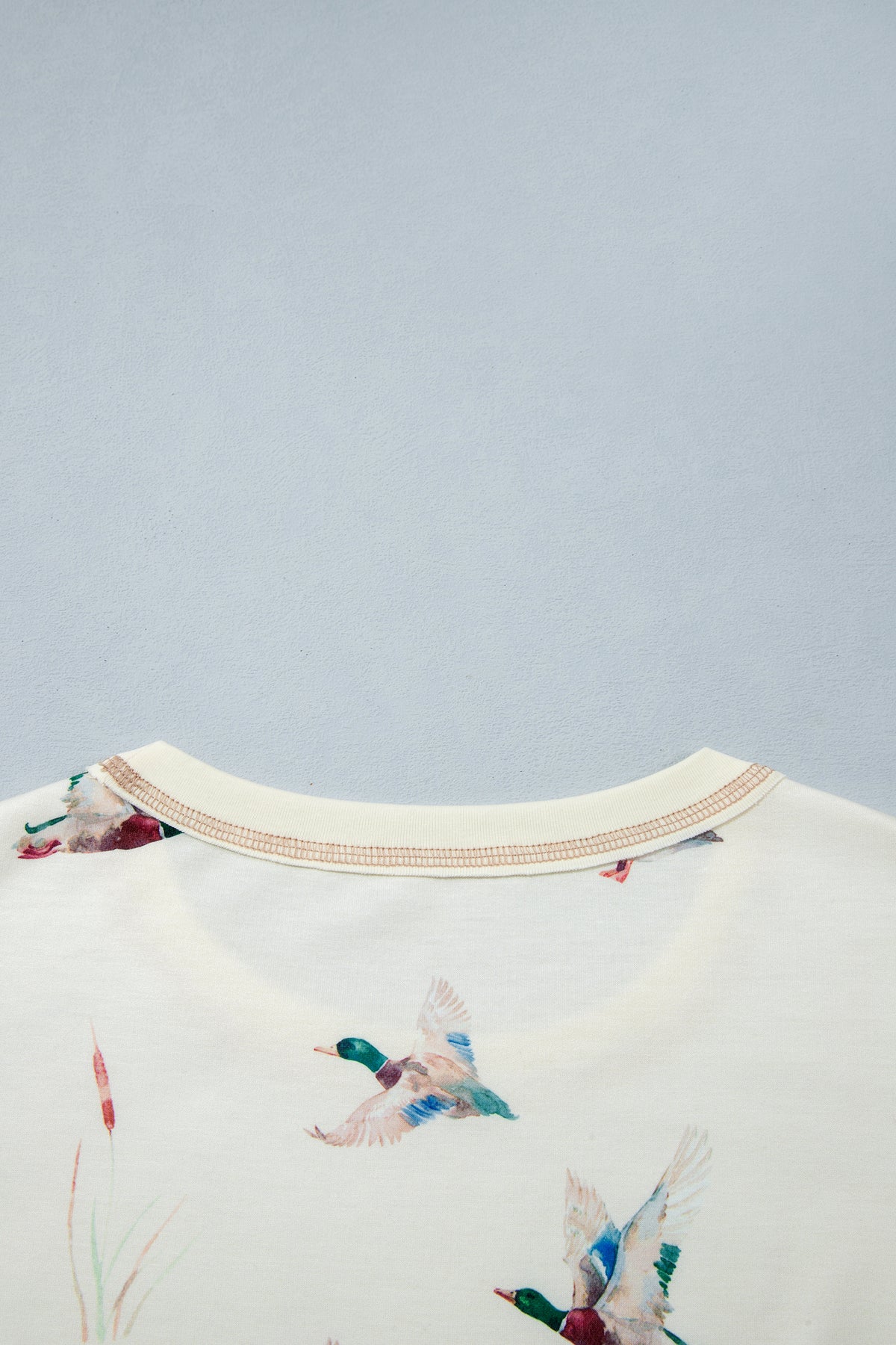 Beige Free Mallard Print Long Sleeve Top Drawstring Short Set