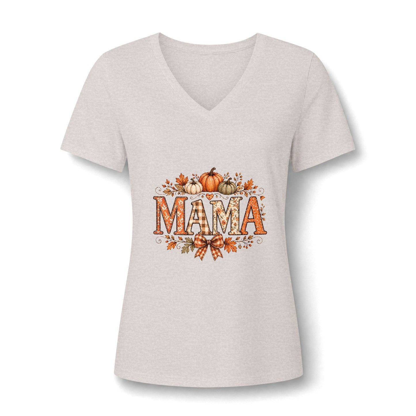 Mama Fall V-Neck Tee — Pumpkin & Autumn Leaves Graphic