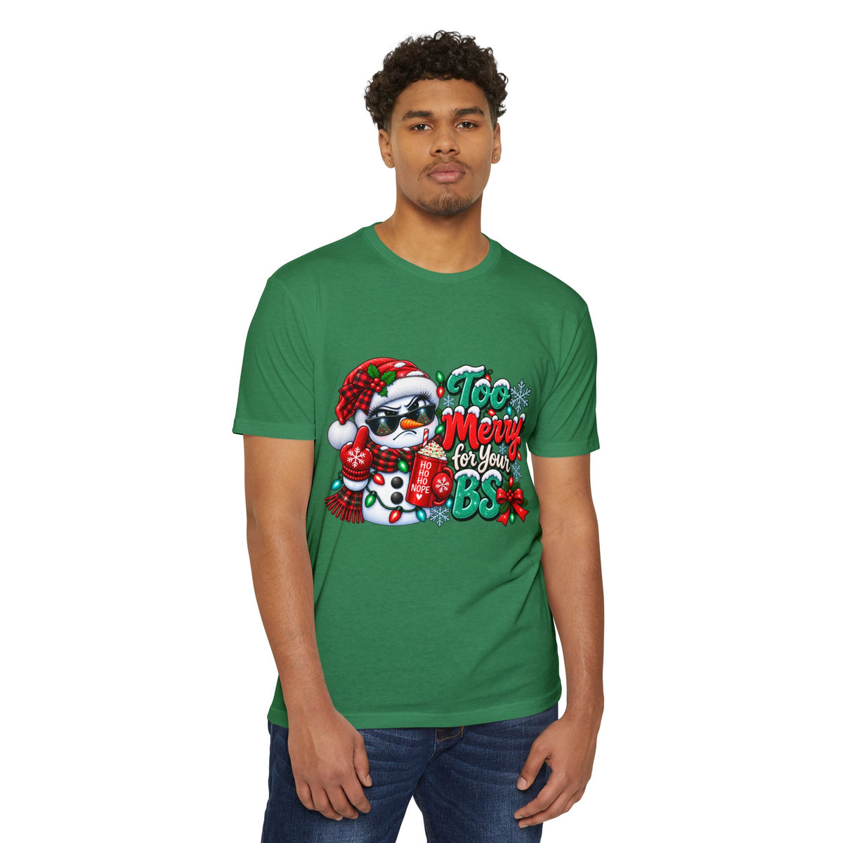 Christmas Penguin T‑Shirt — "Too Merry for Your BS" Funny Holiday Tee