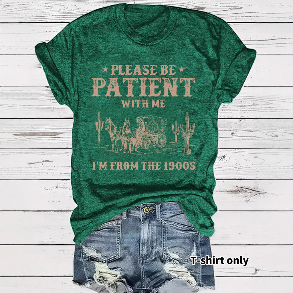 Western denim pattern round neck short sleeved shirt