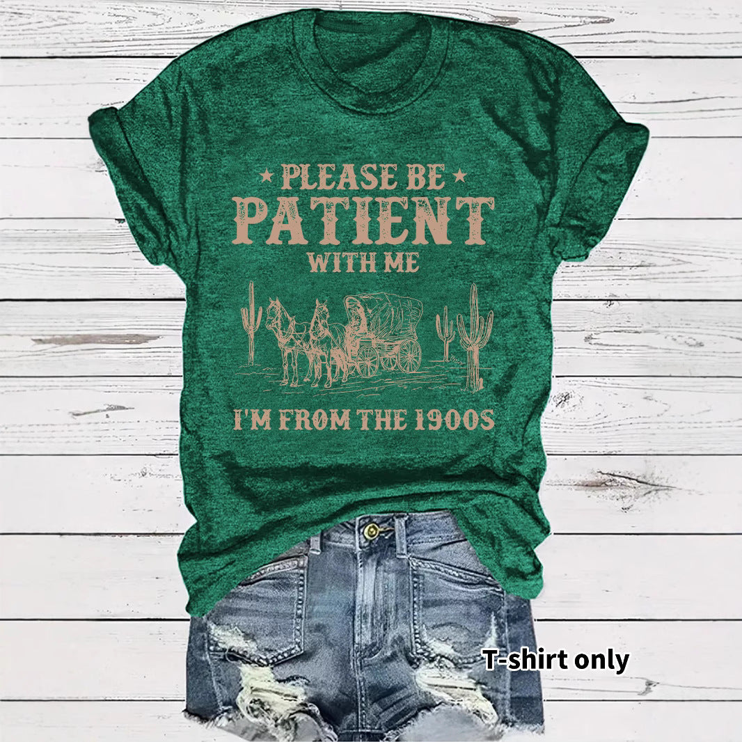 Western denim pattern round neck short sleeved shirt