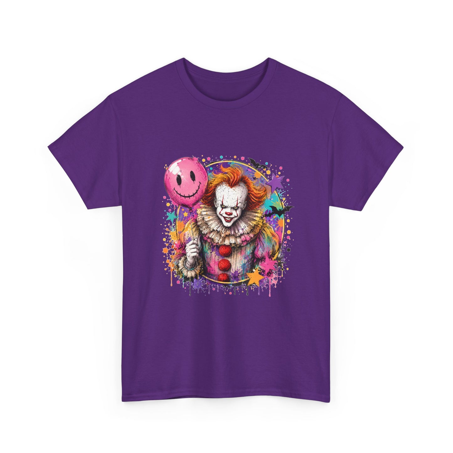 Clown Horror Graphic Tee — Colorful Scary Clown with Pink Balloon