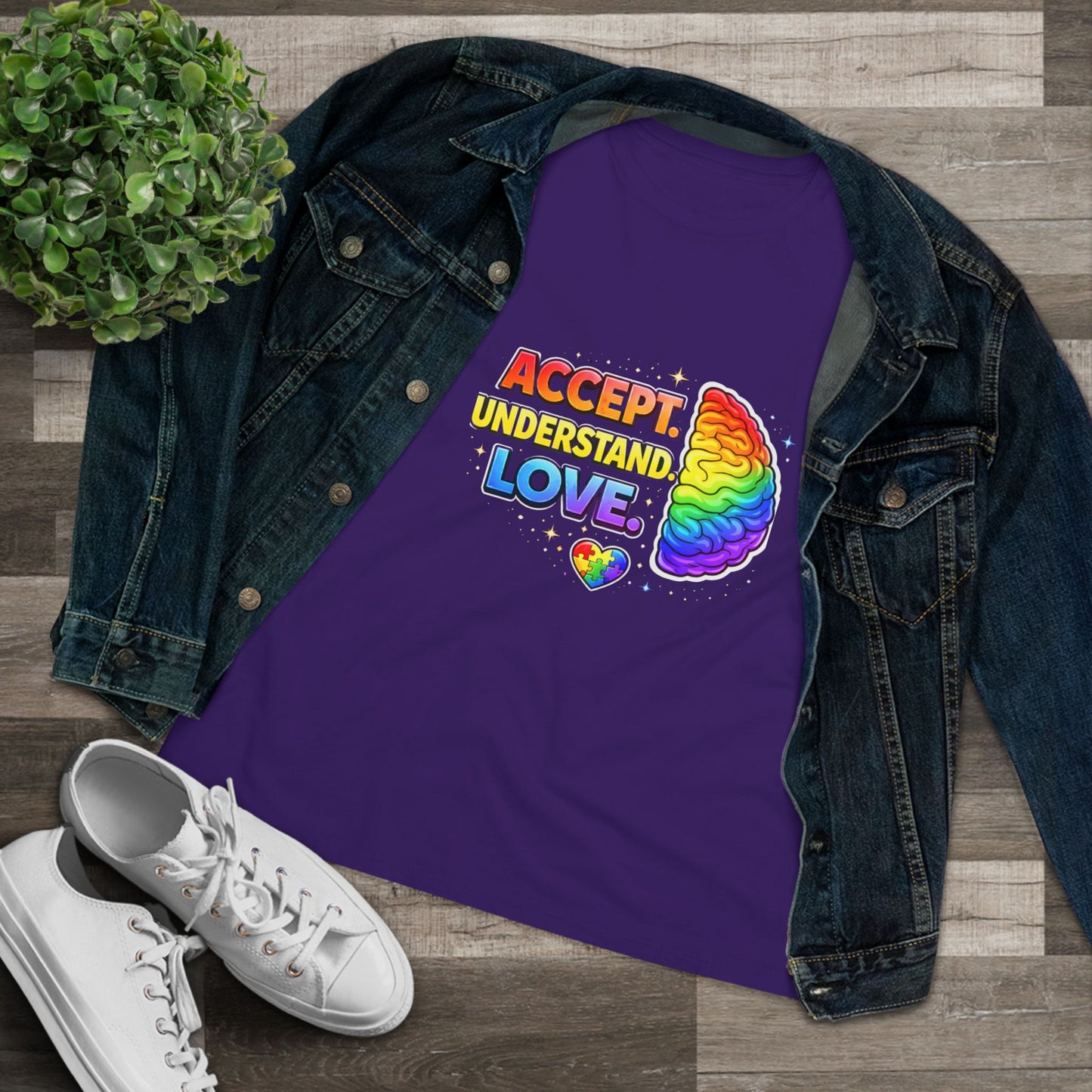 Accept Understand Love Rainbow Brain Women's Tee — LGBTQ+ Pride Mental Health Awareness Shirt
