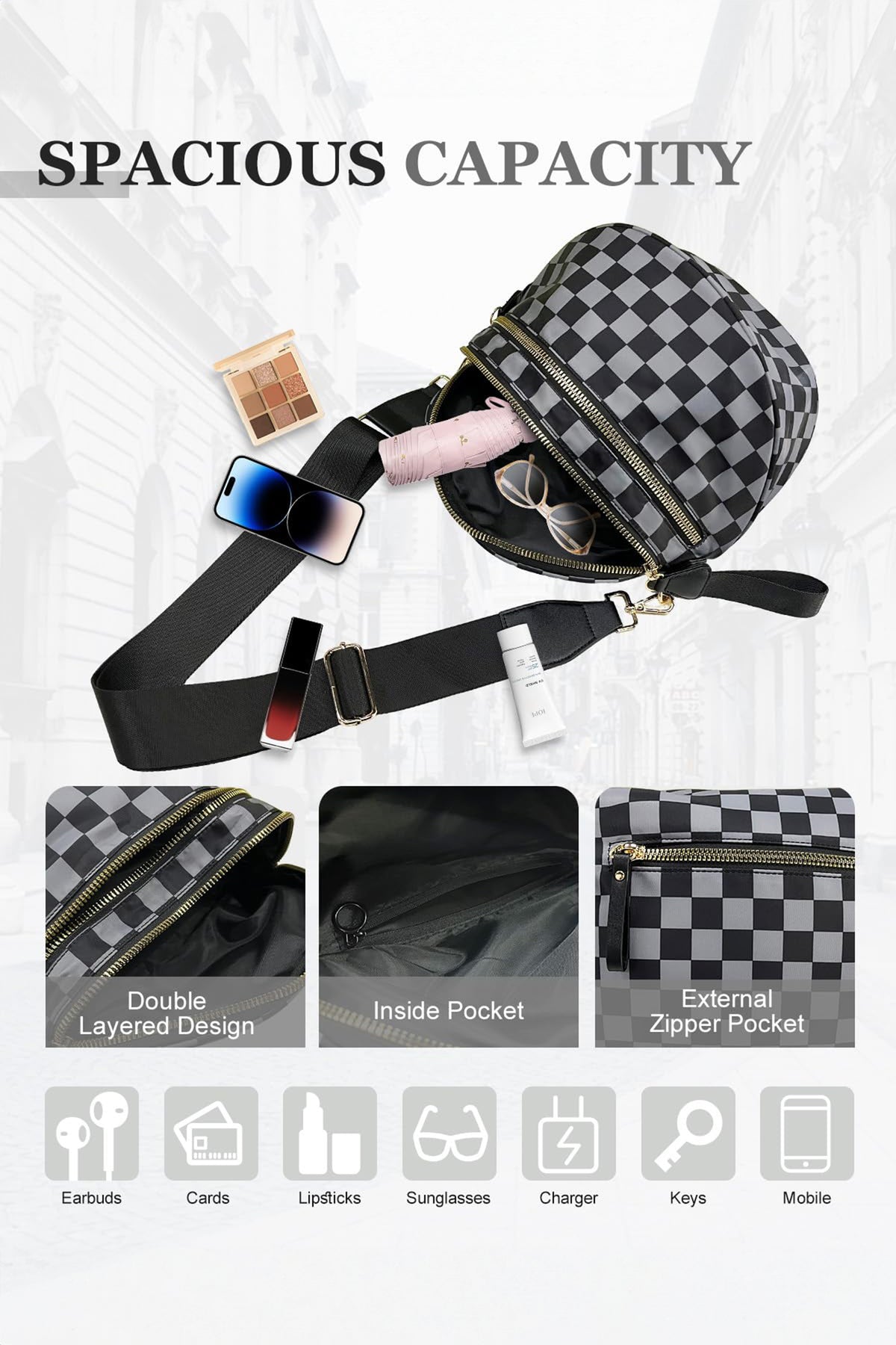 Mist Blue Checkered Print Wide Strap Large Crossbody Bag
