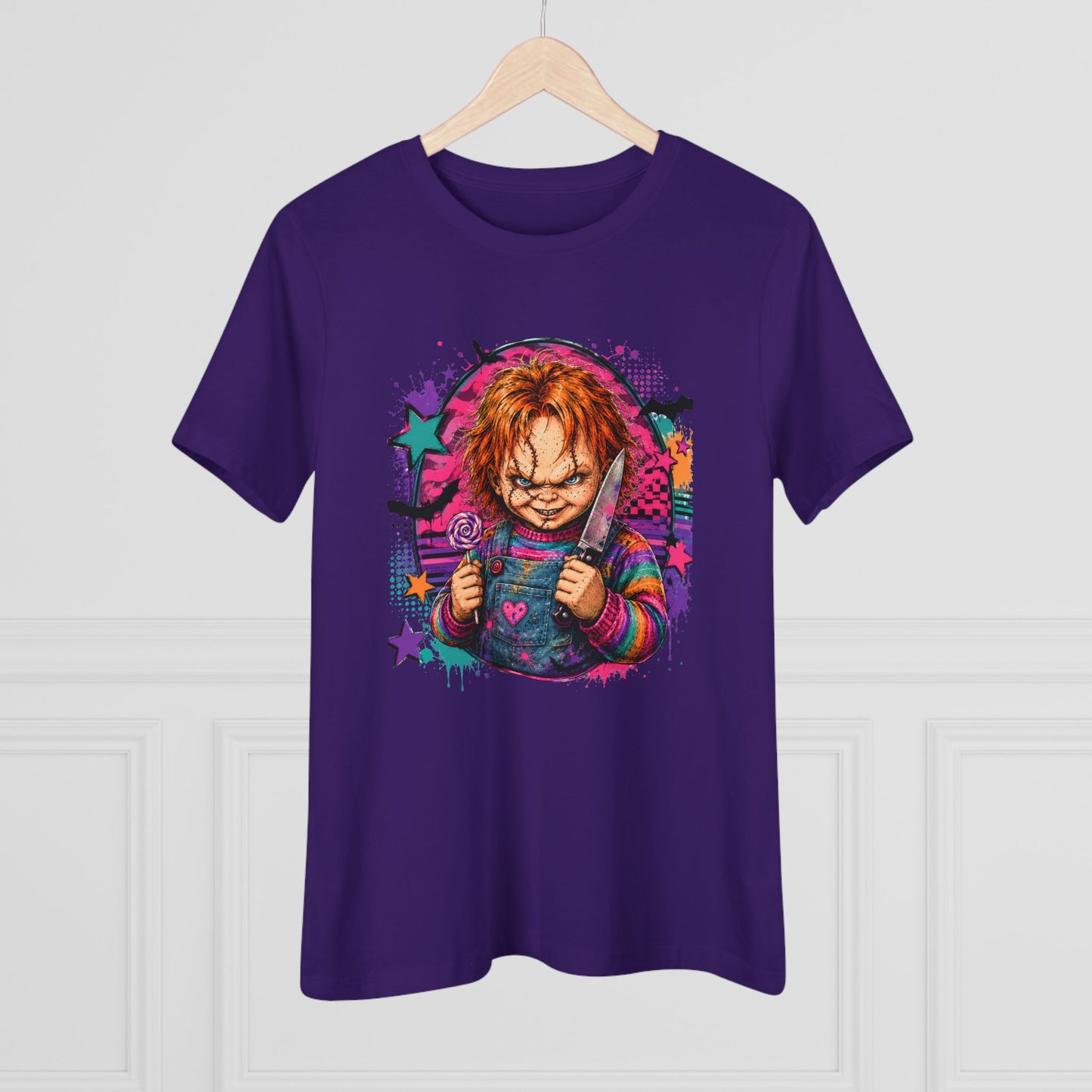 Chucky Horror Graphic Tee — Retro Neon Killer Doll Shirt for Women
