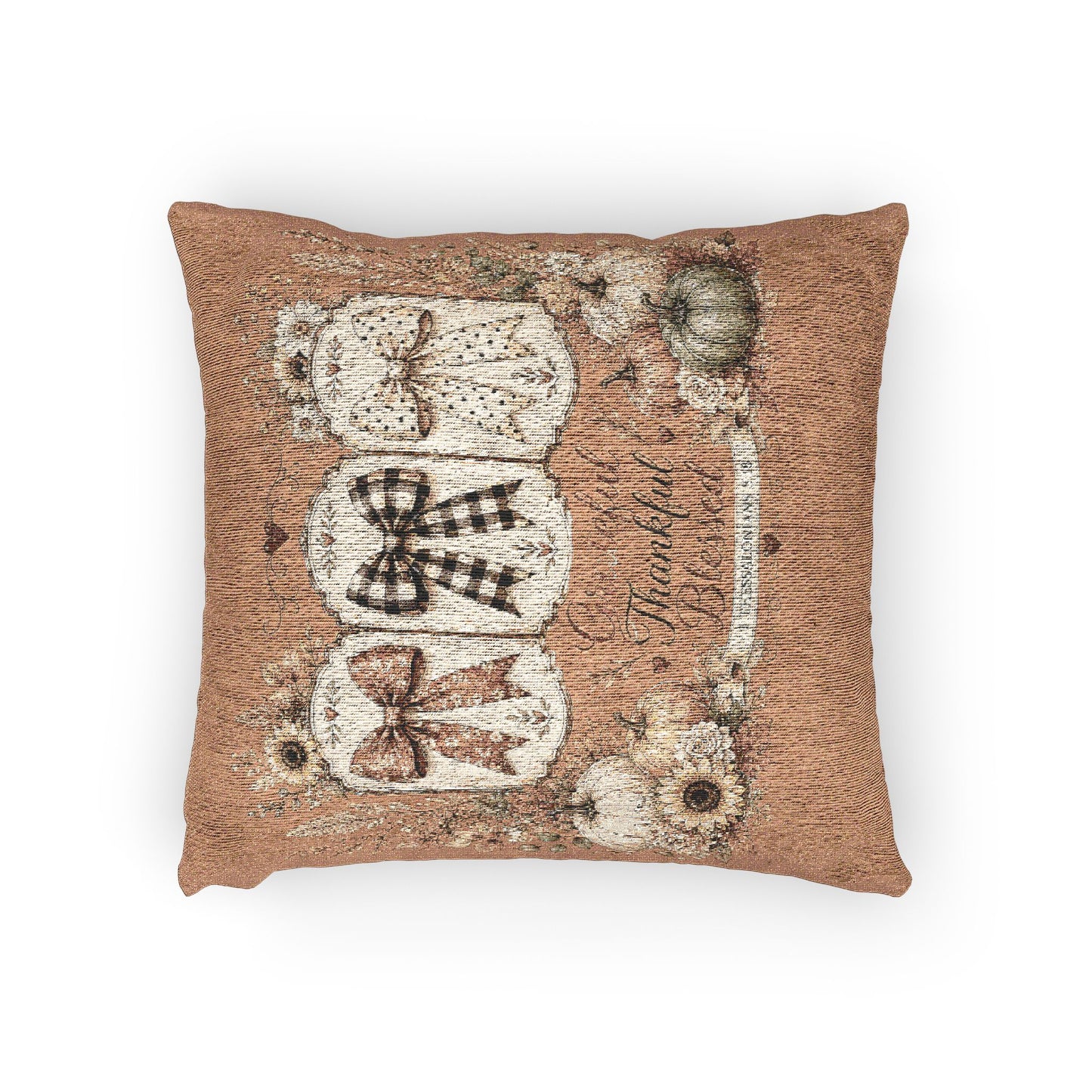 Autumn Woven Pillow - Rustic Harvest Pumpkins & Ribbons Decorative Throw Cushion