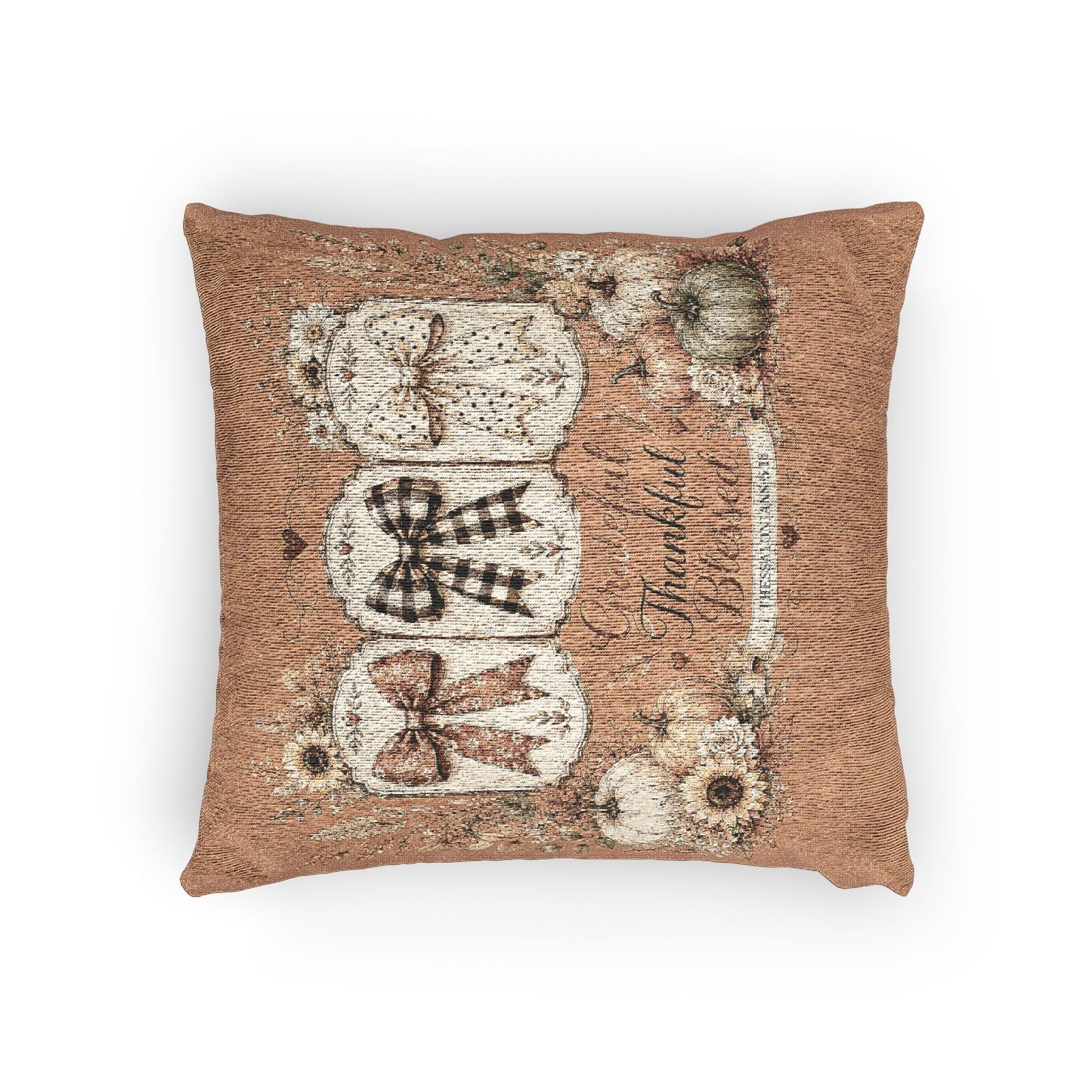 Autumn Woven Pillow - Rustic Harvest Pumpkins & Ribbons Decorative Throw Cushion