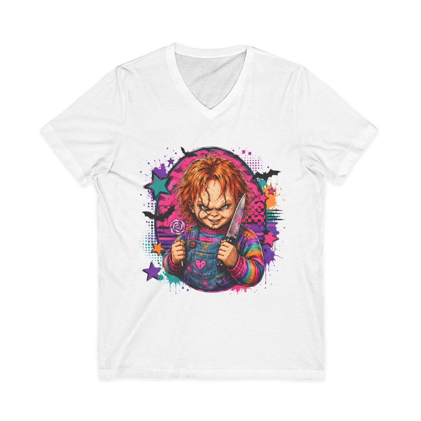 Horror Doll V-Neck Tee — Colorful Creepy Chucky Graphic Shirt