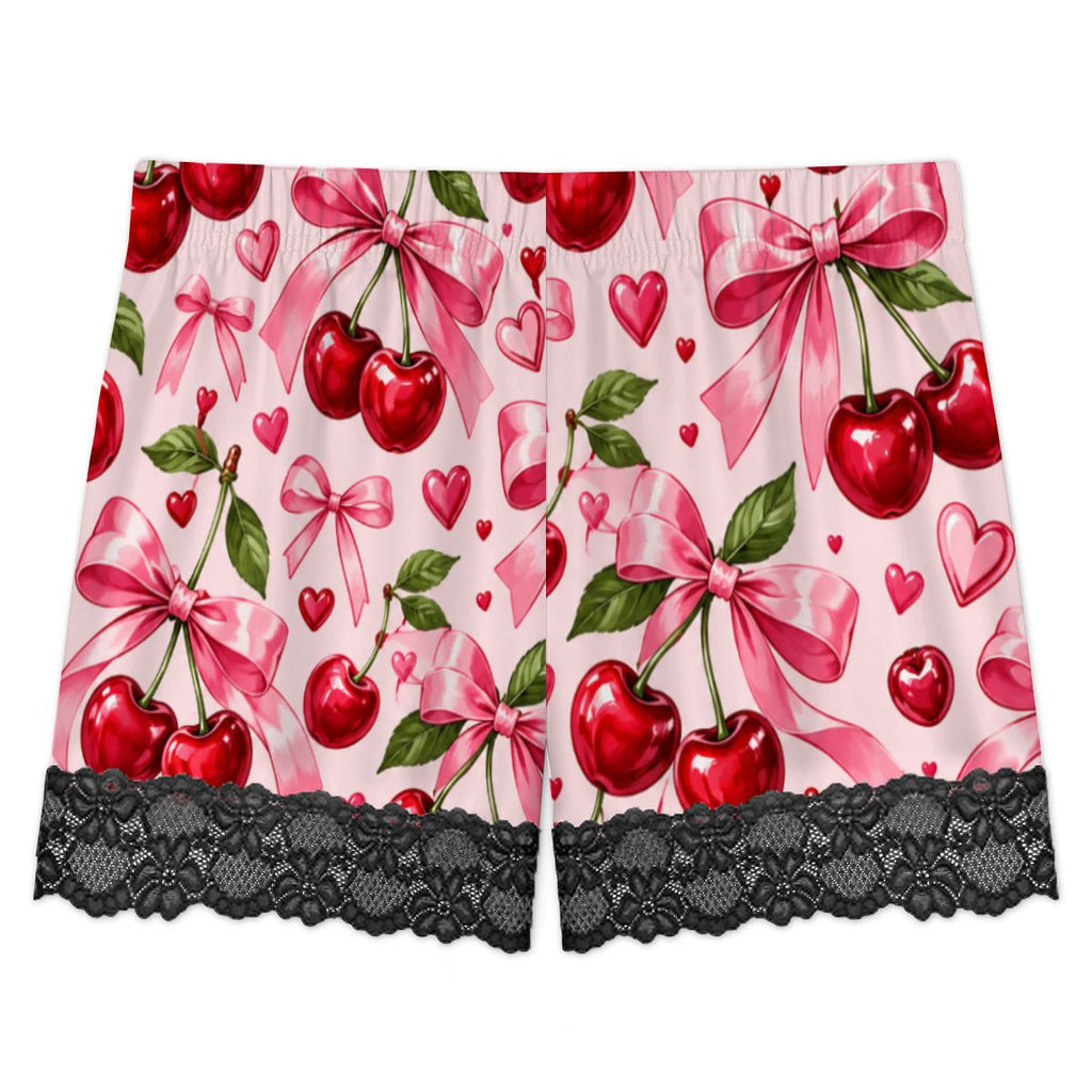 Women Cami Lace Pajama Set Glossy Cherry and Bow Pattern