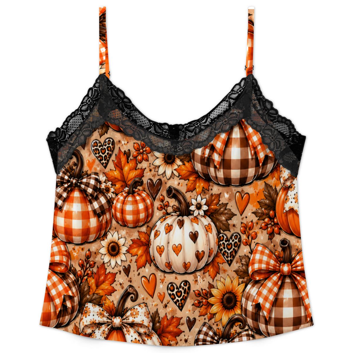Women Cami Lace Pajama Set Glamorous Pink Christmas Wonderland Cozy Autumn Pumpkin Pattern
