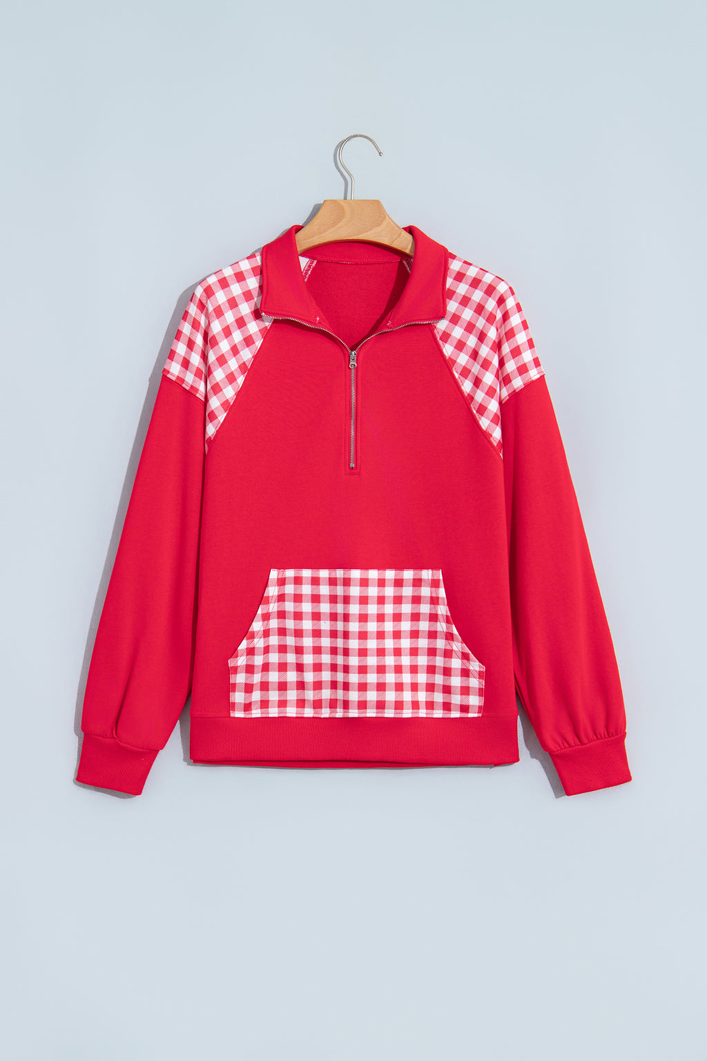 Coffee Patchwork Plaid Pocket Quarter Zip Sweatshirt