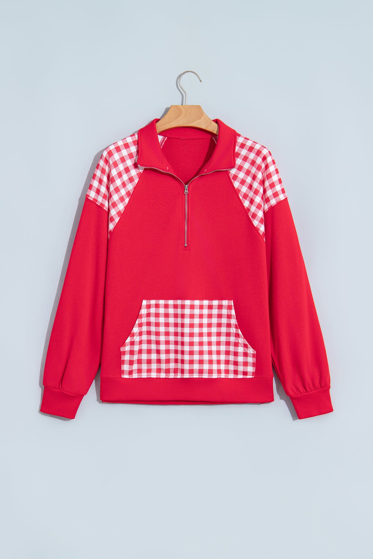 Coffee Patchwork Plaid Pocket Quarter Zip Sweatshirt