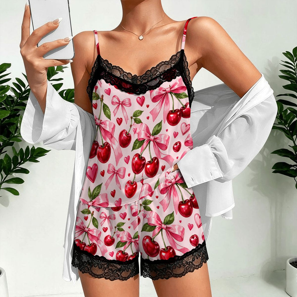 Women Cami Lace Pajama Set Glossy Cherry and Bow Pattern