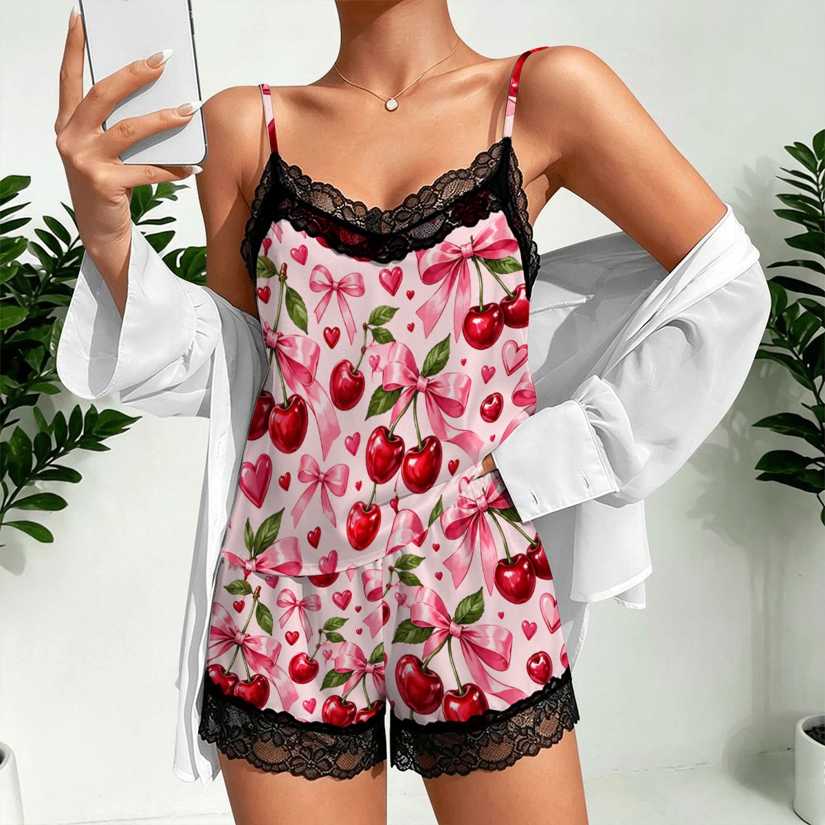 Women Cami Lace Pajama Set Glossy Cherry and Bow Pattern