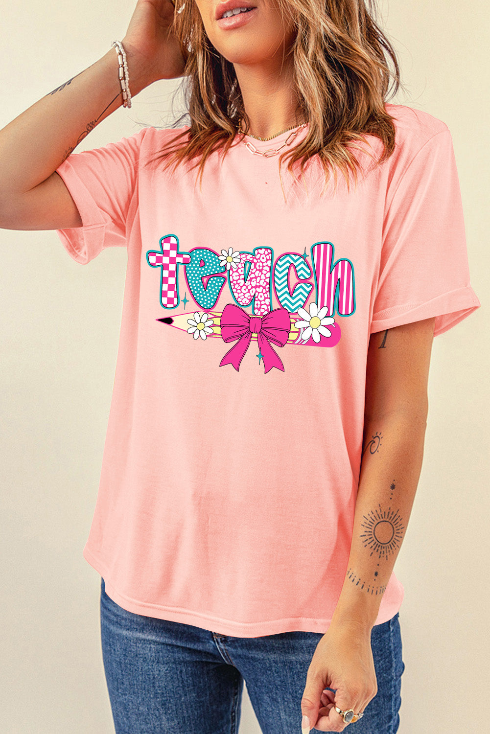 Pink Preppy Retro Checkered Coquette Teach Graphic T-Shirt