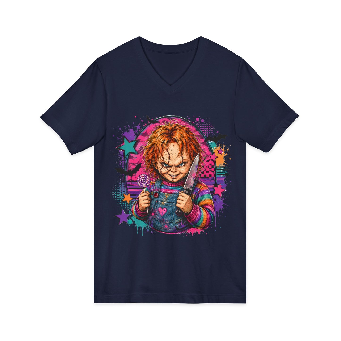 Horror Doll V-Neck Tee — Colorful Creepy Chucky Graphic Shirt