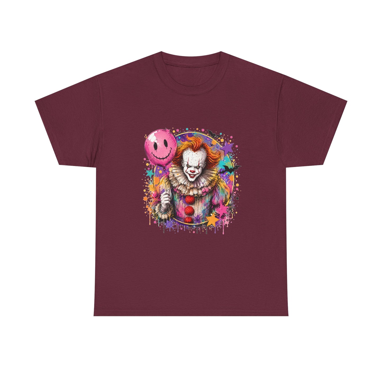 Clown Horror Graphic Tee — Colorful Scary Clown with Pink Balloon