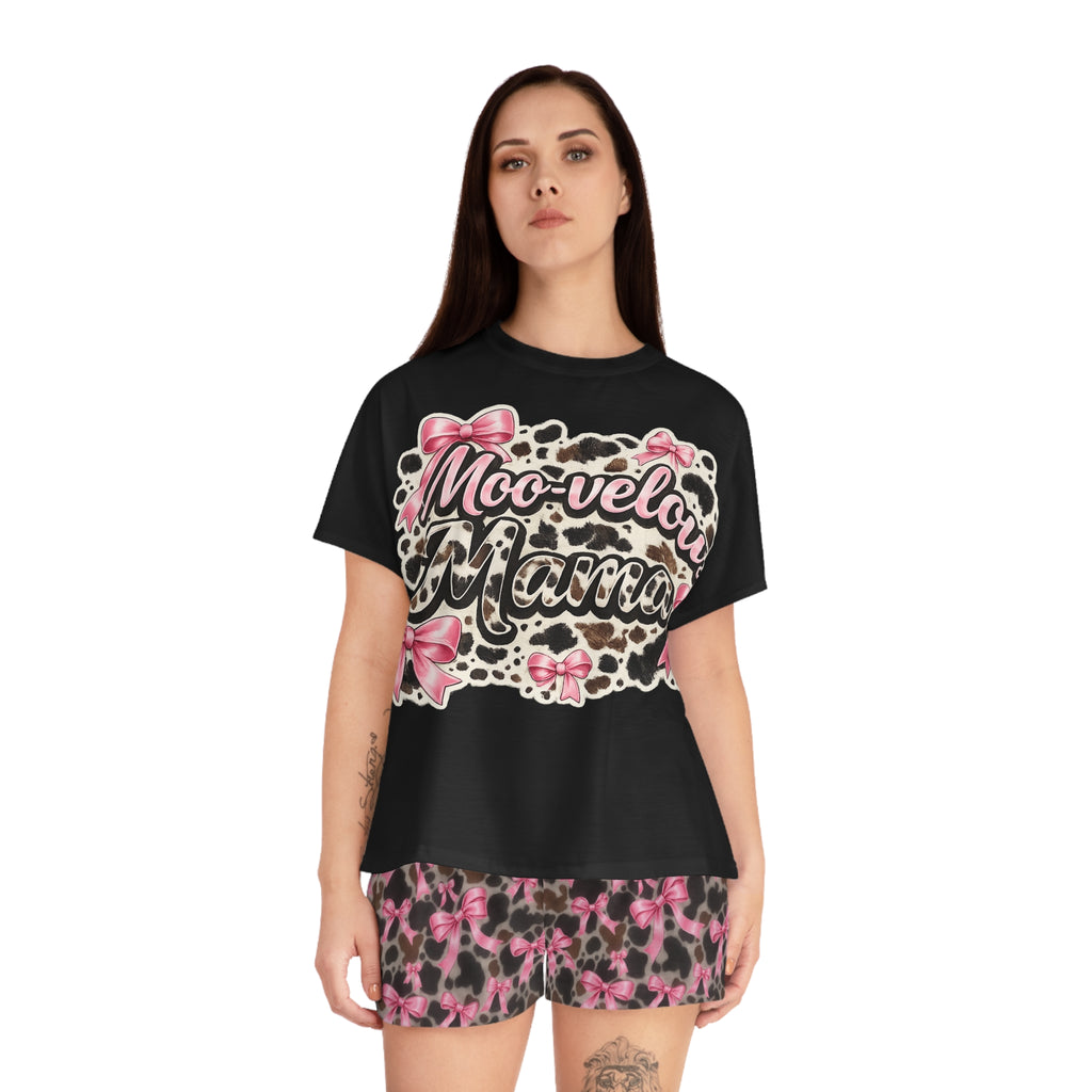 Moo-velous Mama Women's Pajama Set — Pink Cow Print Shorts & Graphic Tee
